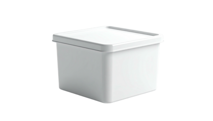 Isolated white square container with a flat lid on a dark background