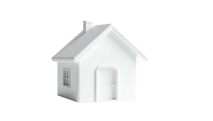 A simple, white, 3D rendered house with a chimney, door, and window against black