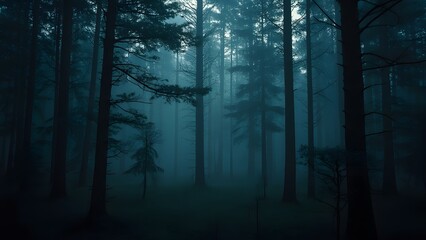 Obraz premium Mysterious Dark Forest Foggy Night Scene