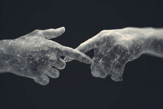 Digital Connection: Two digital hands, intricately rendered with interconnected nodes and lines, converge in a moment of virtual touch.