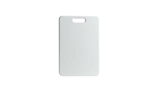 A blank, white rectangular ID badge with a slot at the top against a black background