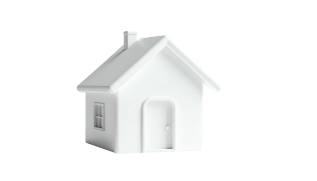 A simple, white, 3D rendered house with a chimney, door, and window against black