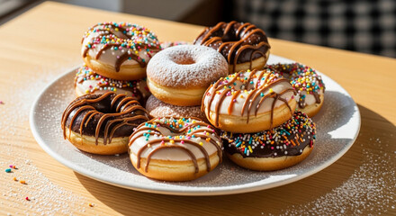 Pile of assorted donuts on a white plate, featuring chocolate drizzle, sprinkles, and powdered sugar, arranged on a wooden table in a bright setting