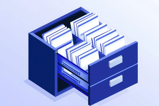 isometric vector graphic of open blue file cabinet with documents, light purple background, minimal office storage illustration