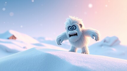 A surprised cartoon yeti stands on a snow-covered hill with falling snowflakes, against a background of snow covered mountains at dawn, creating a magical scene.