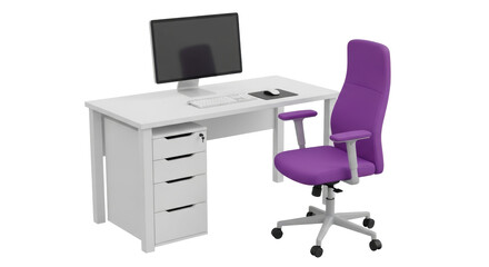 Isolated desk setup with monitor, keyboard, mouse, filing cabinet, and task chair model