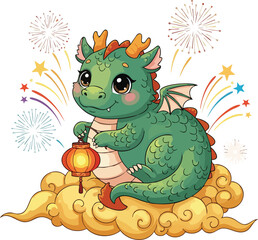 Fototapeta premium Cute Green Dragon with Lantern on Clouds Amidst Fireworks.