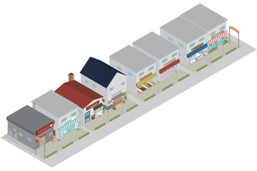 アイソメトリック 日本の商店街の街並みイラスト