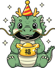 Fototapeta premium Cute Cartoon Dragon Celebrating Lunar New Year with Gold Ingot.