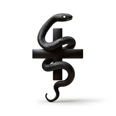 Black snake coiled around a black cross symbol on a white background medical