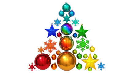 Isolated Christmas tree made of colorful ornaments, stars and snowflakes festive arrangement