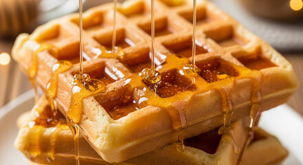 Golden waffles drizzled with sweet honey, stacked on a white plate, creating a mouthwatering breakfast treat with a warm and inviting ambiance
