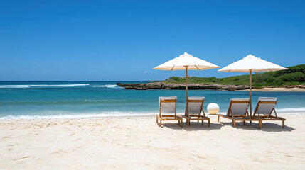 Idyllic beach scene with sun loungers, umbrellas, and clear blue water, creating serene and relaxing atmosphere