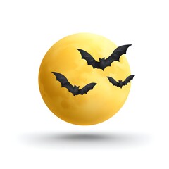Fototapeta premium Four black bats flying in front of a glowing yellow moon on a white background