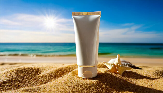 Close-up of sunscreen product mockup in sleek tube packaging, placed on a beach-inspired background with sand, seashells, and sunlight reflections. Emphasize UV protection, summer skincare