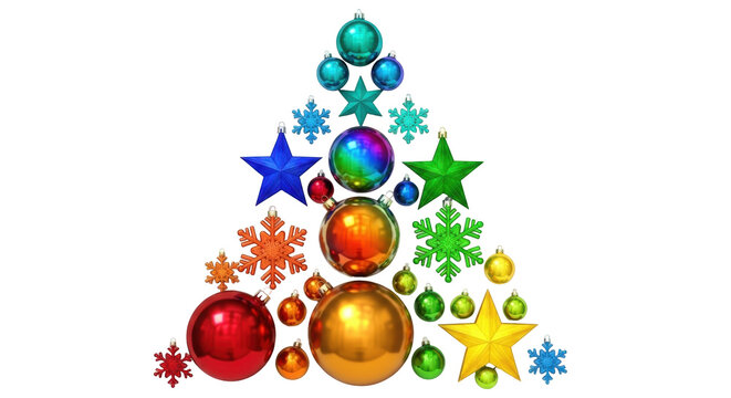 Isolated Christmas tree made of colorful ornaments, stars and snowflakes festive arrangement