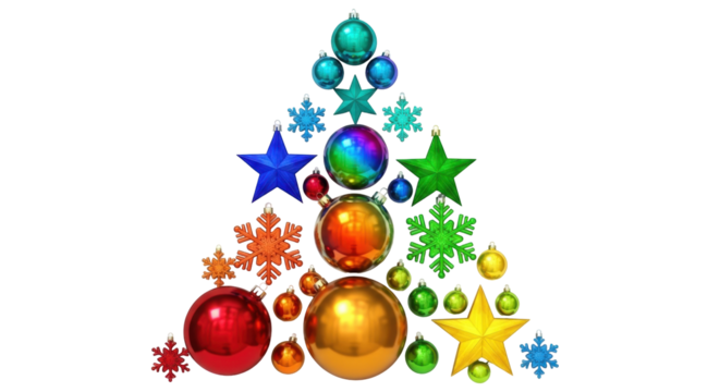 Isolated Christmas tree made of colorful ornaments, stars and snowflakes festive arrangement - Powered by Adobe