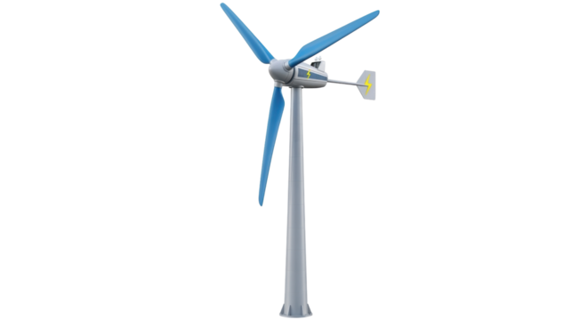 Isolated wind power model featuring turbine blades, electricity generator for energy source