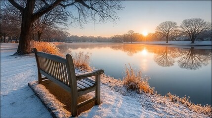 Fototapeta premium A Serene Snowy Morning in the Park Tranquil Winter Scene with Frosty Trees and Dawn Light
