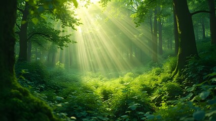 Fototapeta premium Sunbeams in Lush Green Forest Mystical Nature Scene