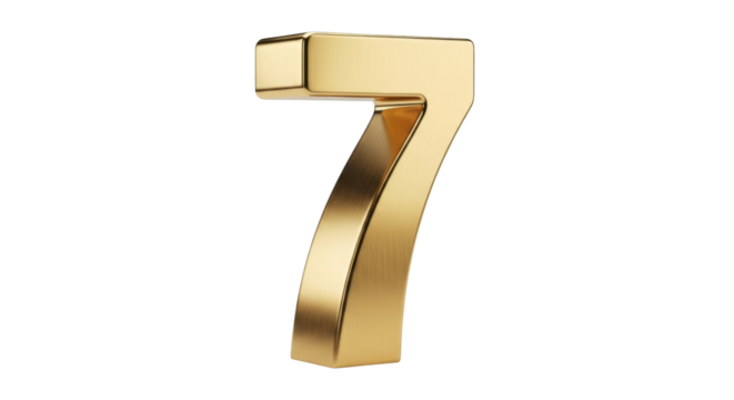 Isolated shiny golden number seven, metallic numeral for event, ceremony, or celebration