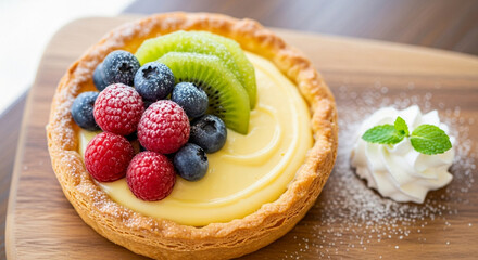 Delicious fruit tart with fresh raspberries, blueberries, and kiwi slices on a wooden board, accompanied by a dollop of whipped cream and a dusting of powdered sugar