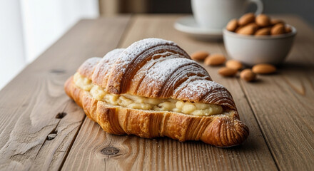 Closeup of a delectable croissant filled with cream, dusted with powdered sugar, resting on a wooden table, with almonds and a cup of coffee in the background