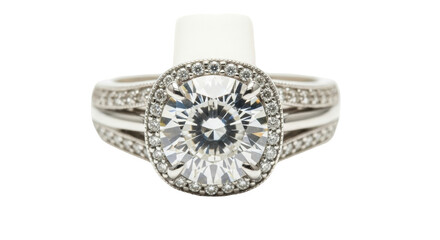 Isolated round brilliant cut diamond halo engagement ring set wedding band set jewelry