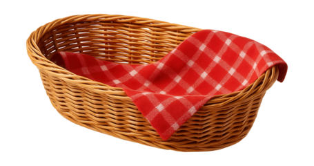 Oval wicker bread basket with a red checkered cloth, perfect for cottage-style breakfasts.