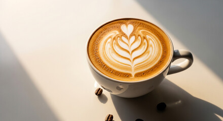 A cup of cappuccino with latte art, illuminated by sunlight, casting a shadow with coffee beans, creating a warm and inviting coffee scene