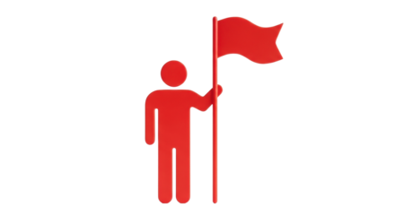 Isolated red simple icon, abstract human silhouette with waving flag, leader or risk sign