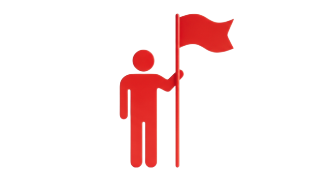 Isolated red simple icon, abstract human silhouette with waving flag, leader or risk sign