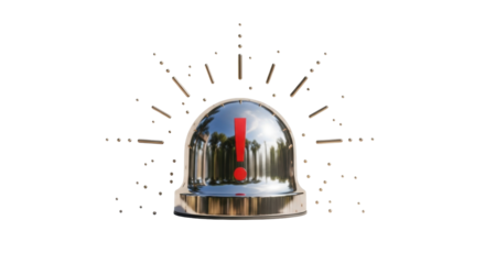 Isolated chrome emergency siren with exclamation mark, danger warning indicator alarm sign