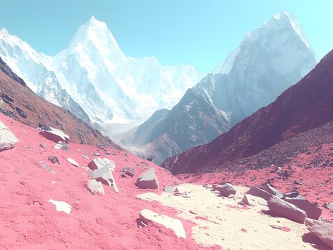 Pink Sands and Majestic Snowy Mountains Landscape
