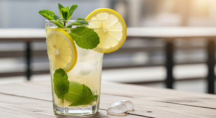 Invigorating glass of lemonade with lemon and mint on a wooden table, ideal for a sunny day, providing a refreshing and revitalizing drink experience