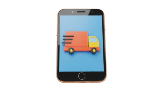 Isolated smartphone with delivery truck app or website for online shopping experience