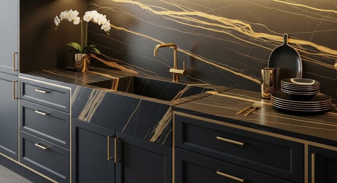 Luxurious modern kitchen with dark cabinets, gold veining, and a farmhouse sink