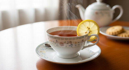 A cup of tea with lemon on a wooden table, accompanied by a teapot and cookies, offering a warm and comforting beverage experience