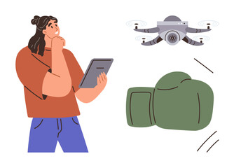 Woman holding tablet thoughtfully, quadcopter in flight, boxing glove mid-punch. Ideal for innovation, decision-making, technology versus challenge, problem-solving, strategy, futuristic concepts