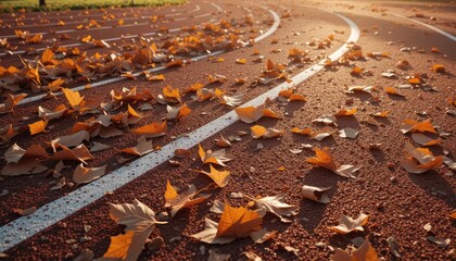 Obraz premium A running track covered in autumn leaves, bathed in sunlight.