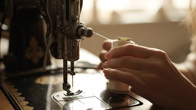 The woman's hands guide thread into the sewing machine, as the sewing machine aids her in a textile task. The woman's precision on the sewing machine involves careful thread work.