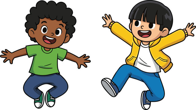 Cartoon children jumping happily with raised arms, wearing casual clothes and sneakers, cheerful playful moment vector illustration for kids content