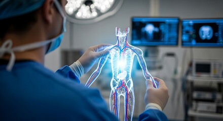 Futuristic Surgery: Surgeon in Operating Room Analyzing a Glowing 3D Hologram of Human Anatomy with Circulatory System for Precision Medical Procedure.