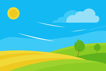 Obraz premium Cartoon landscape with sun trees and cloud design