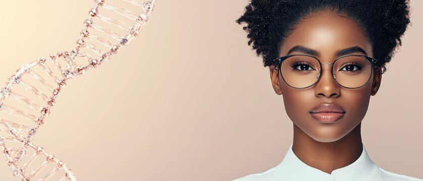 Young woman with glasses and a floating DNA helix representing genetic engineering research and science.