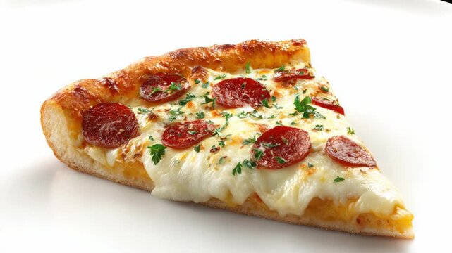 Tasty pepperoni pizza slice with melted cheese and parsley garnish, photographed on a clean white background, concept of fast food