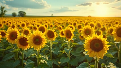 Obraz premium Vibrant Sunflower Field at Sunset, Golden Hour Blooms