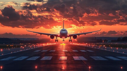 The plane takes off at sunset.