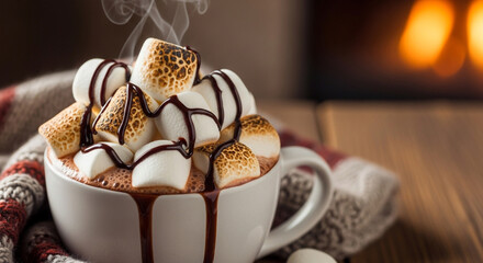 A steaming mug of hot chocolate overflowing with toasted marshmallows, drizzled with chocolate syrup, sits on a wooden table with a fireplace in the background