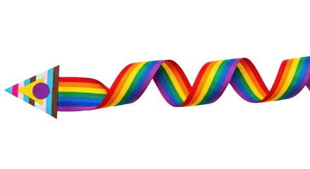 Isolated rainbow ribbon in a curly strip and arrow design, a symbol of LGBTQ equality and pride